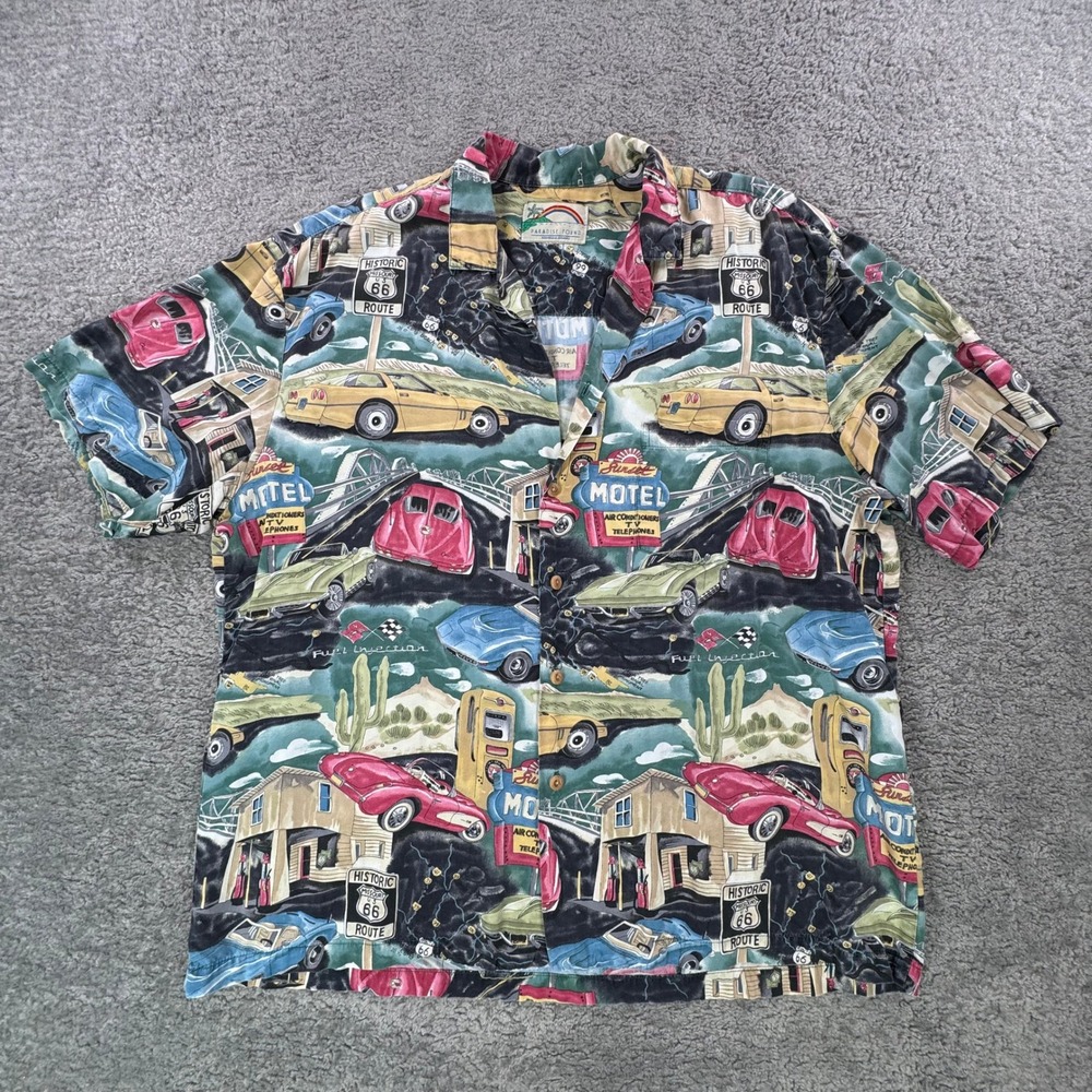 Paradise Found Mens Route 66 Classic Car Corvette Hawaii Shirt XL Missing Button